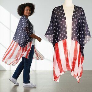 American Flag Kimono Top Sheer Patriotic USA Red White Blue Stars Stripes 2X